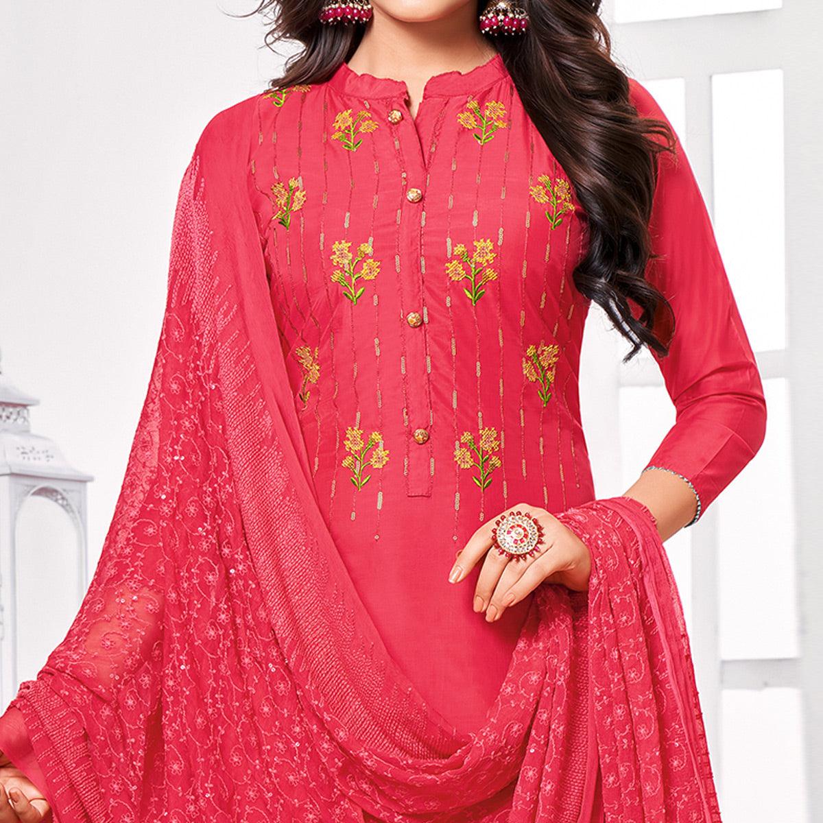 Alluring Red Colored Partywear Embroidered Cotton Dress Material - Peachmode