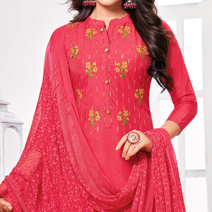 Alluring Red Colored Partywear Embroidered Cotton Dress Material - Peachmode