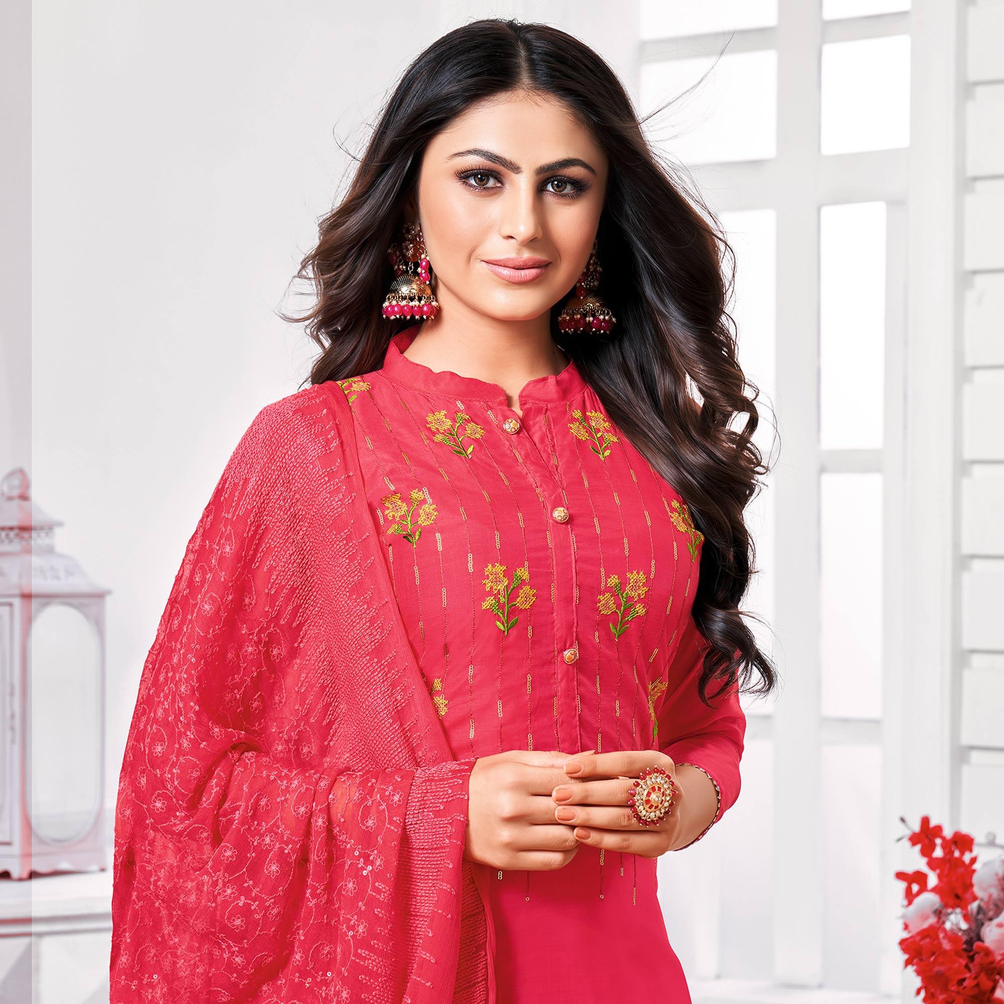 Alluring Red Colored Partywear Embroidered Cotton Dress Material - Peachmode