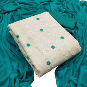 Alluring White - Aqua Blue Colored Casual Wear Embroidered Modal Dress Material - Peachmode