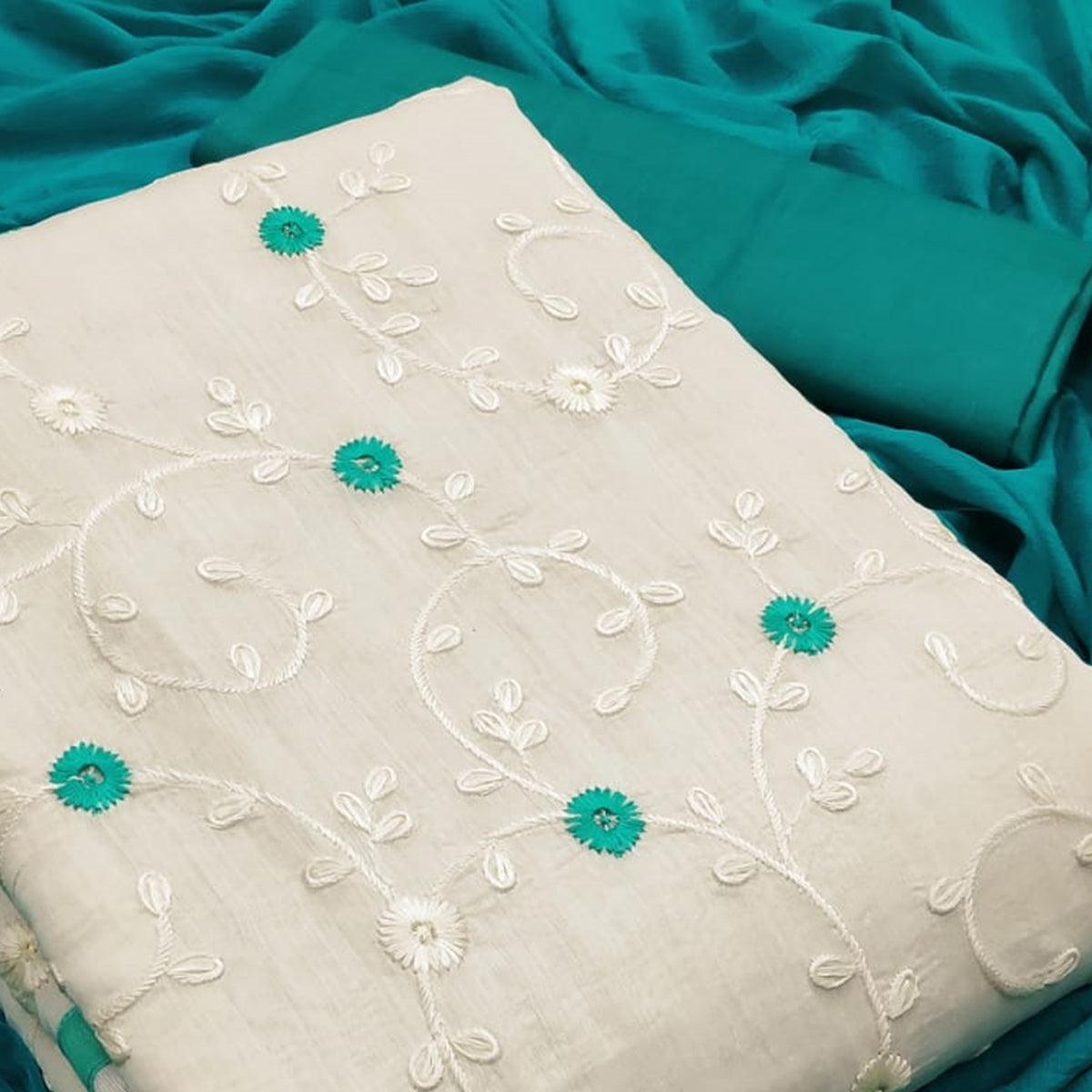 Alluring White - Aqua Blue Colored Casual Wear Embroidered Modal Dress Material - Peachmode