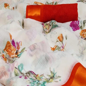 Alluring White - Red Colored Casual Wear Fancy Printed Linen Saree - Peachmode