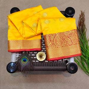 Alluring Yellow Colored Festive Wear Woven Kanjivaram Silk Saree - Peachmode