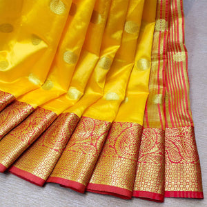 Alluring Yellow Colored Festive Wear Woven Kanjivaram Silk Saree - Peachmode