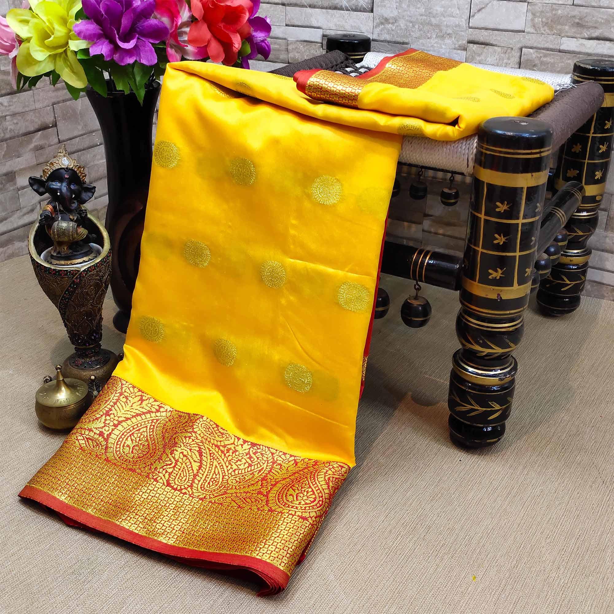 Alluring Yellow Colored Festive Wear Woven Kanjivaram Silk Saree - Peachmode