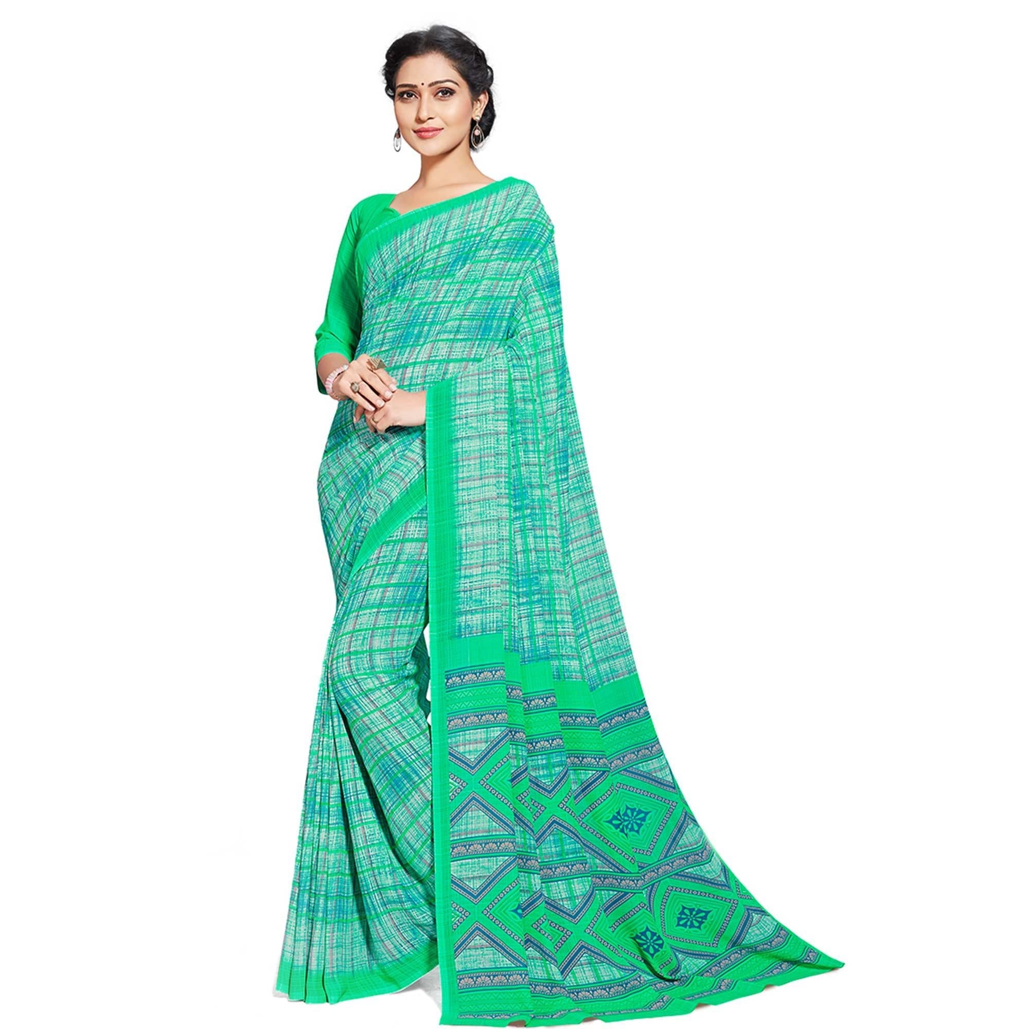 Amazing Aqua Green Colored Casual Printed Georgette Saree - Peachmode