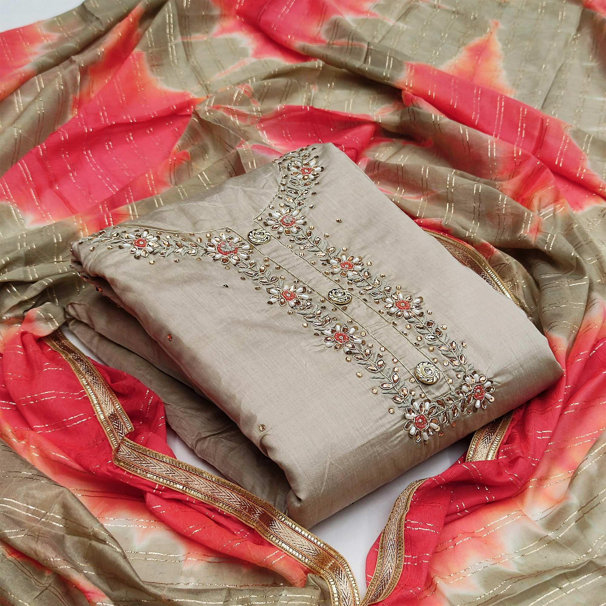 Amazing Beige Colored Festive Wear Heavy Modal Silk Dress Material - Peachmode