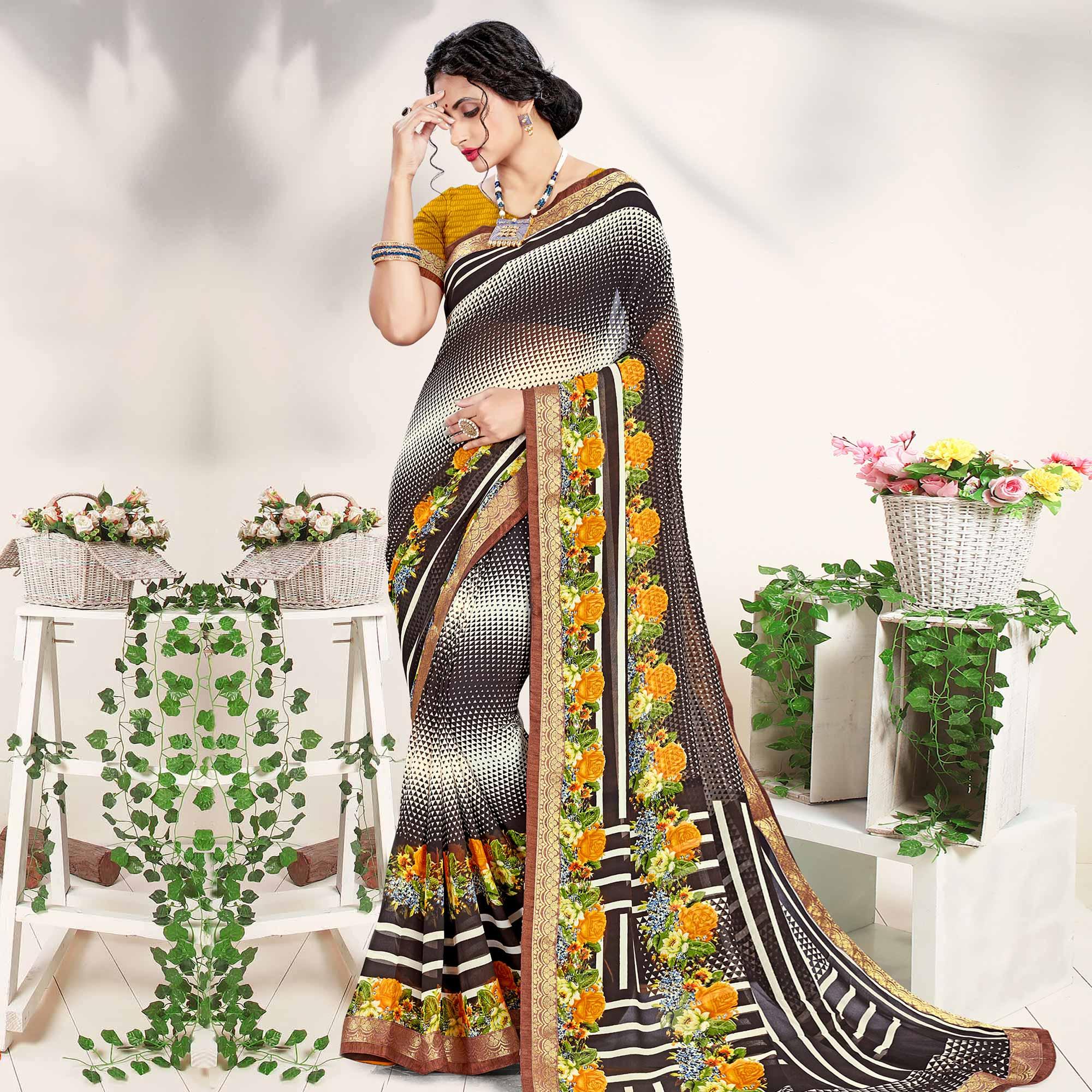 Amazing Black Colored Casual Wear Printed Georgette Saree - Peachmode