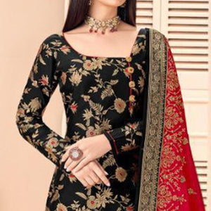 Amazing Black Colored Partywear Floral Printed Jacquard Silk Palazzo Suit - Peachmode