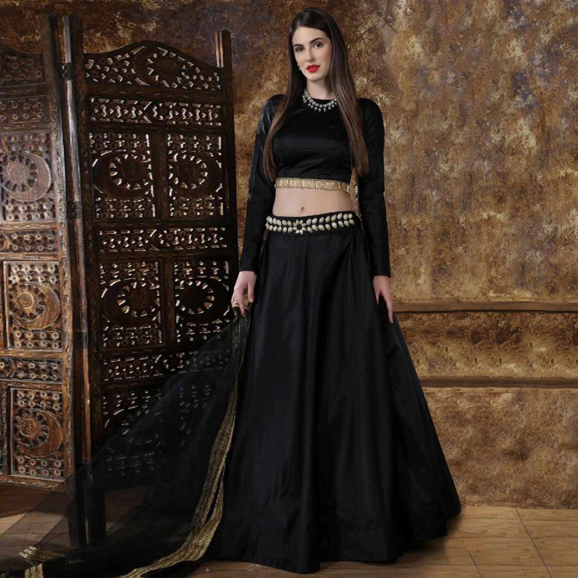 Amazing Black Colored Partywear Tapetta-Satin Lehenga Choli - Peachmode