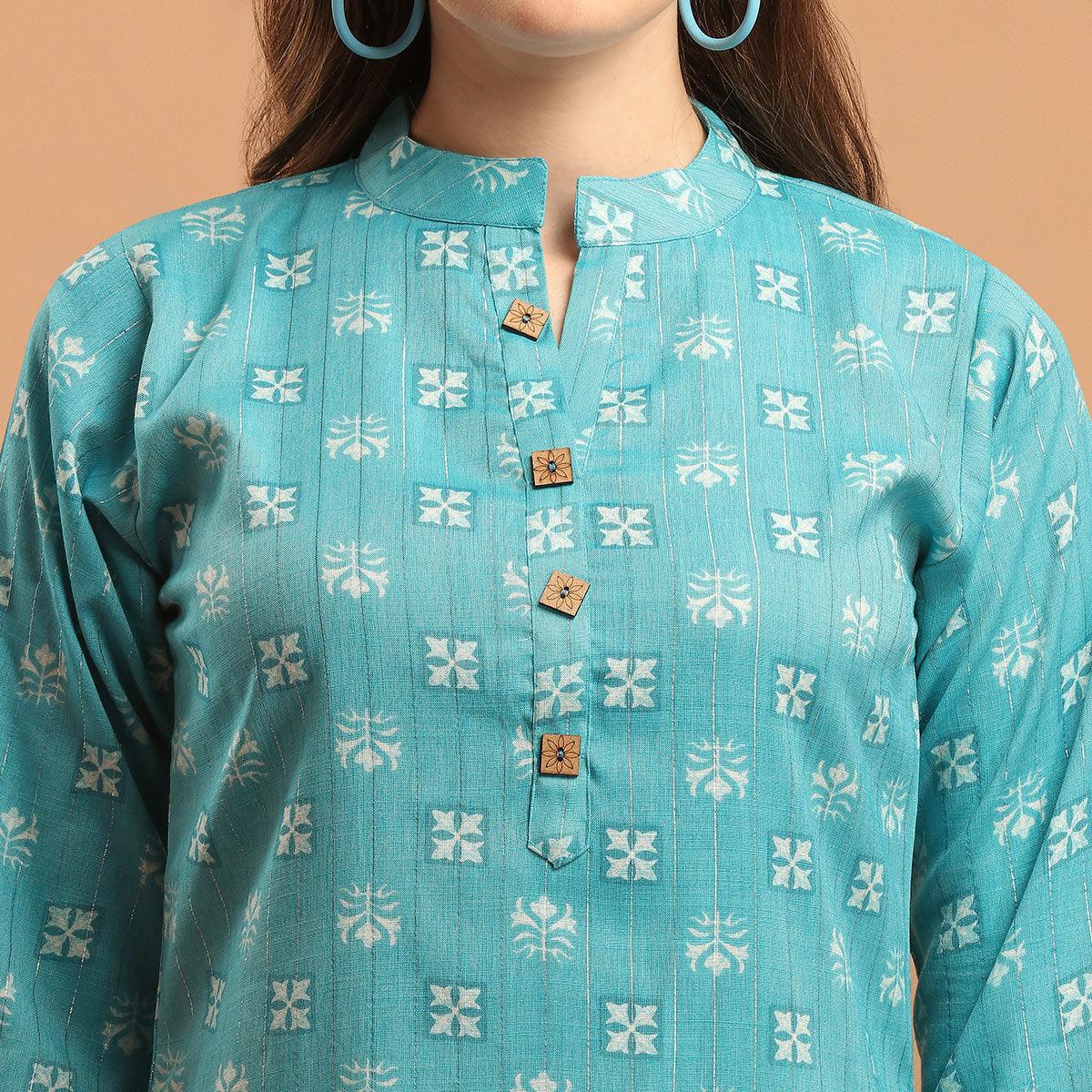 Amazing Blue Colored Casual Wear Printed Rayon Top - Peachmode