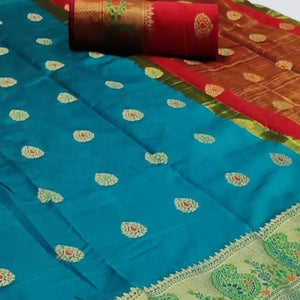 Amazing Blue Colored Festive Wear Woven Soft Silk Saree - Peachmode