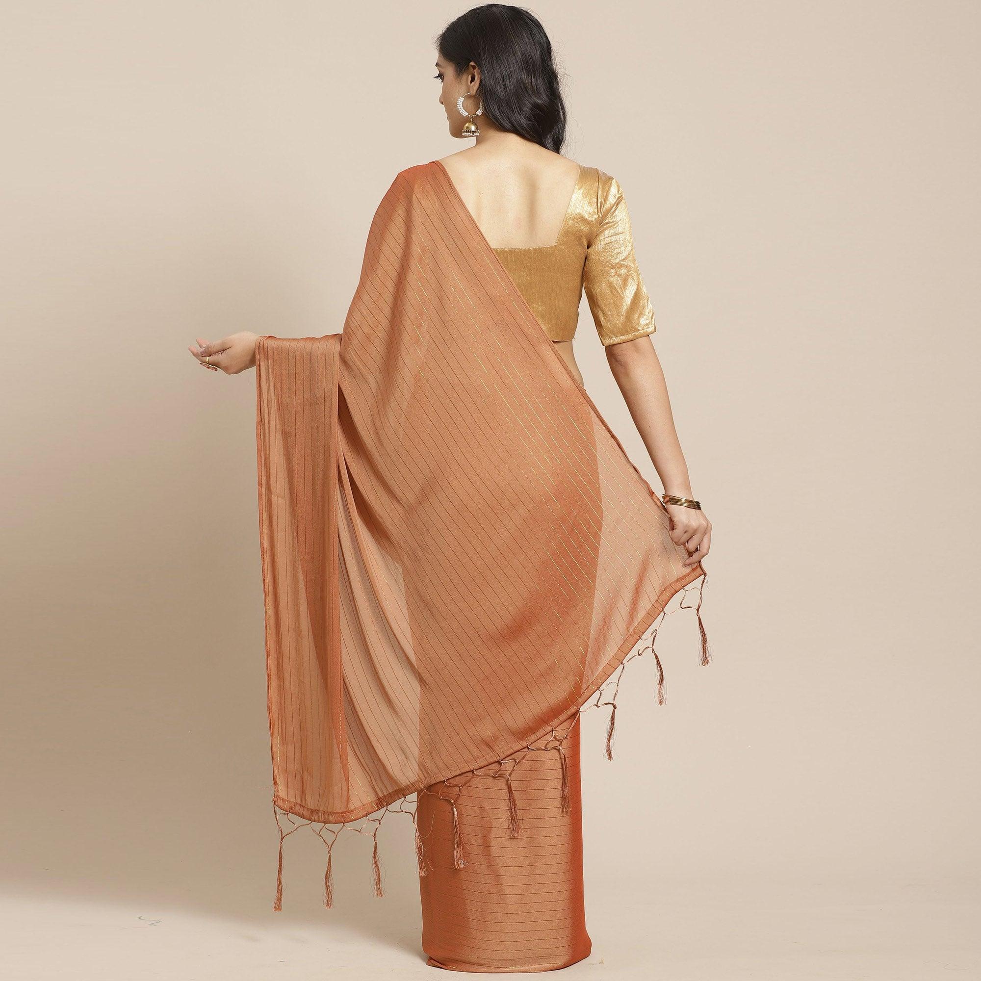 Amazing Brown Colored Casual Wear Printed Poly Georgette Saree - Peachmode