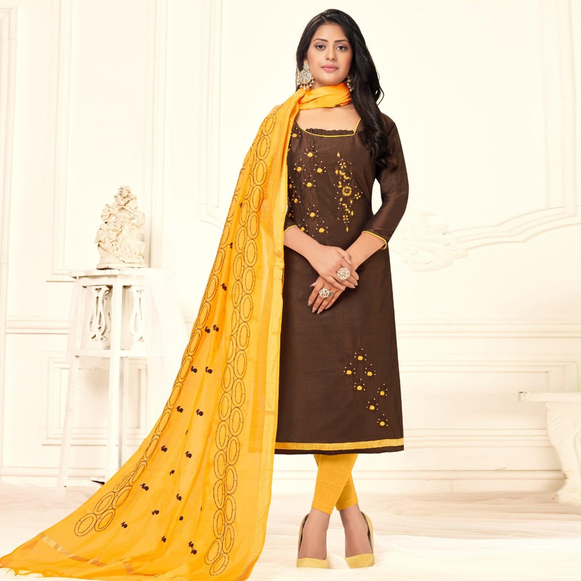 Amazing Coffee Colored Casual Wear Embroidered Cotton Dress Material - Peachmode
