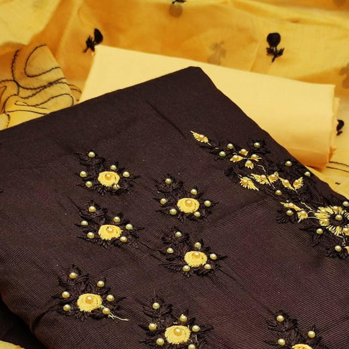 Amazing Coffee Colored Casual Wear Embroidered Cotton Dress Material - Peachmode