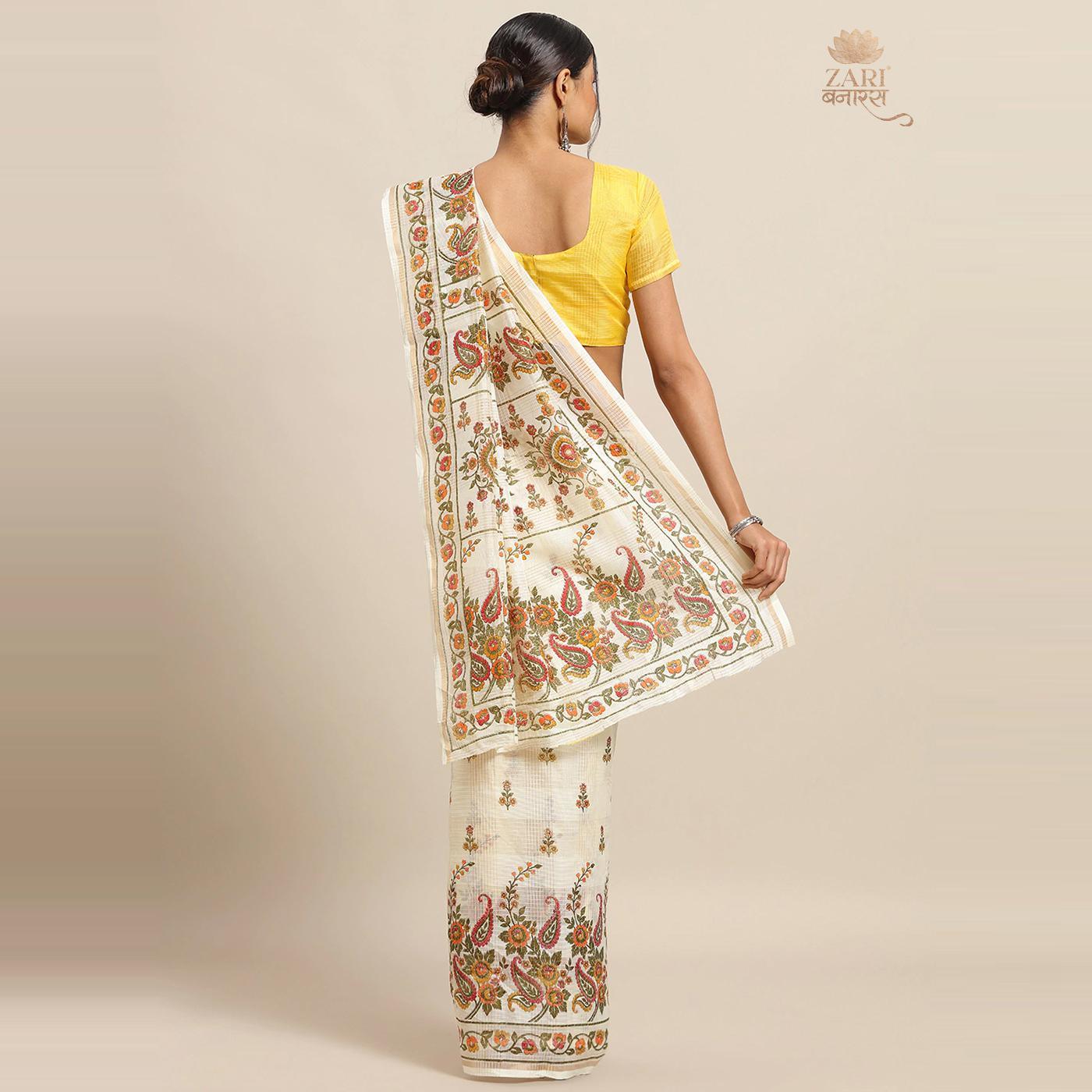 Amazing Cream Colored Casual Wear Floral Printed Linen Saree - Peachmode