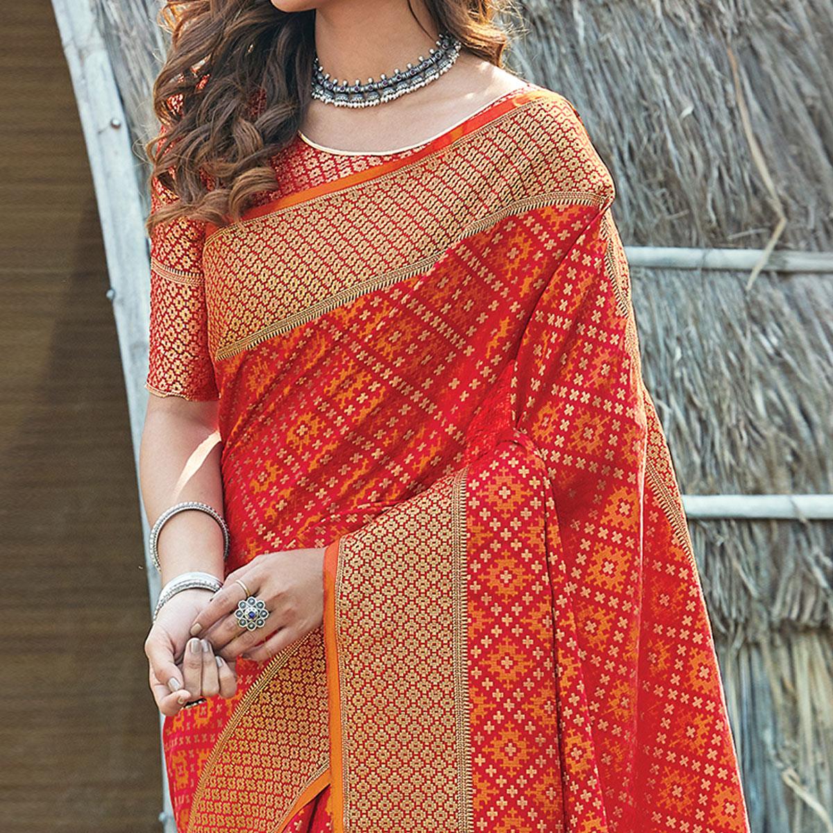 Amazing Dark Orange Colored Festive Wear Patan Patola Silk Saree - Peachmode