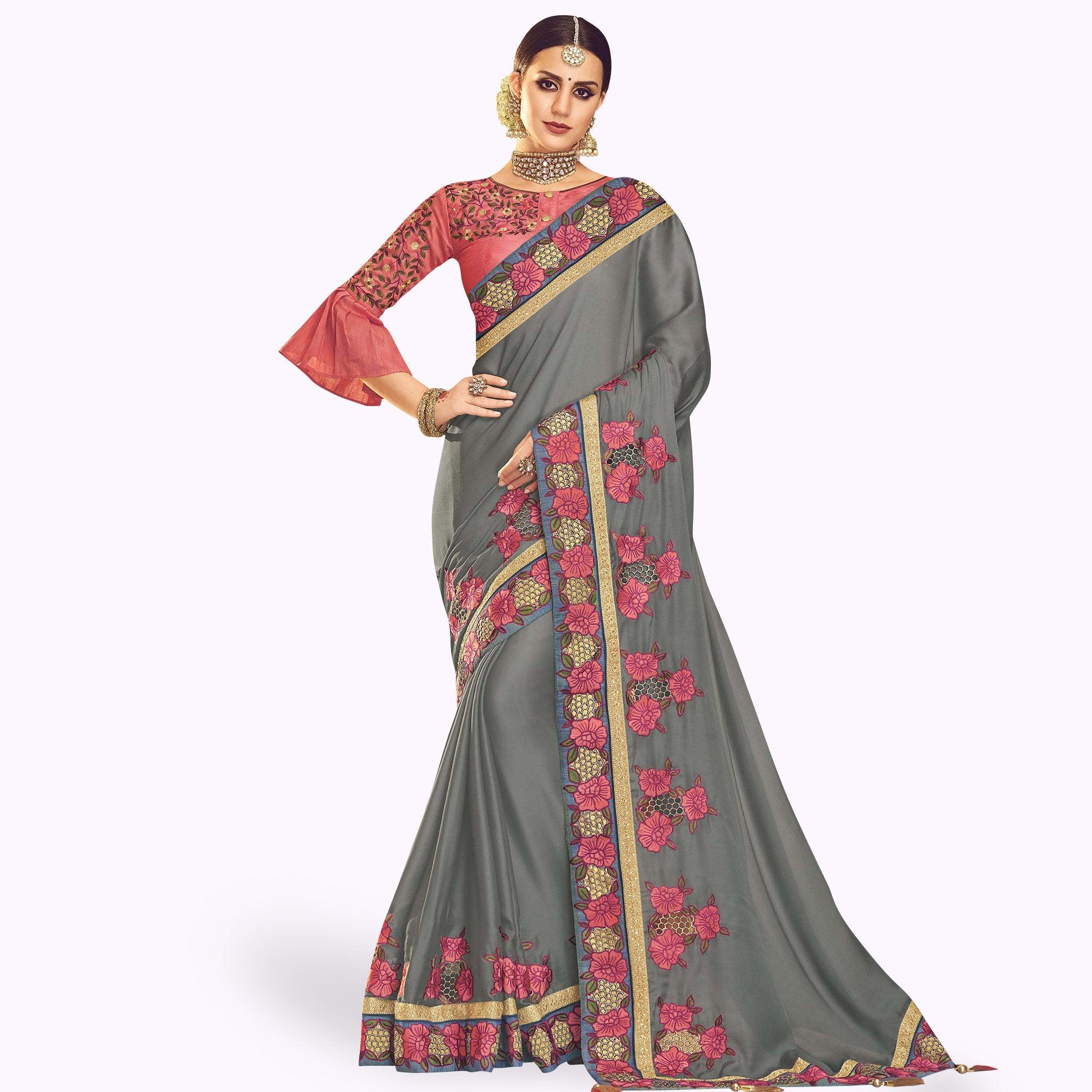Amazing Gray Colored Partywear Embroidered Art Silk Saree - Peachmode