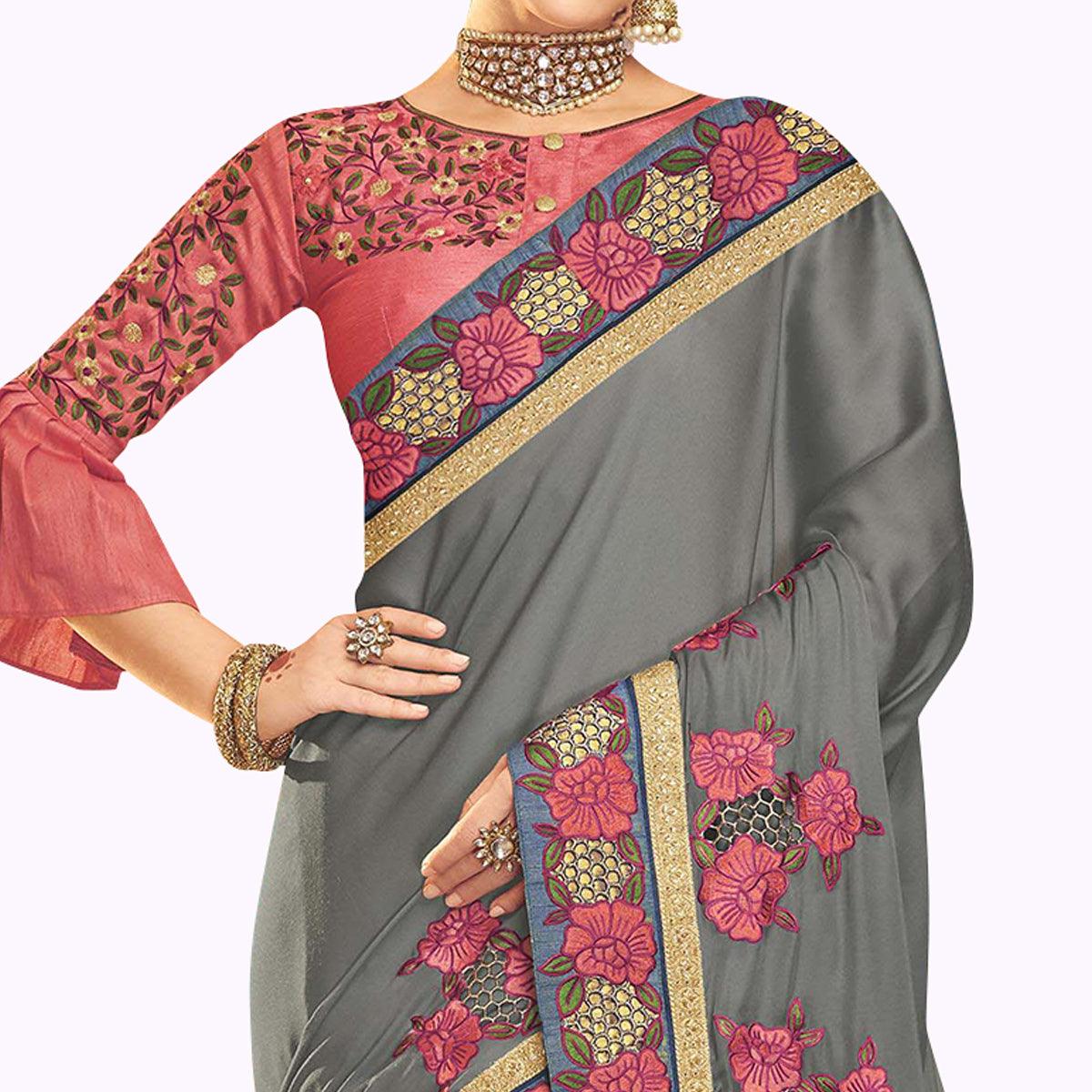 Amazing Gray Colored Partywear Embroidered Art Silk Saree - Peachmode