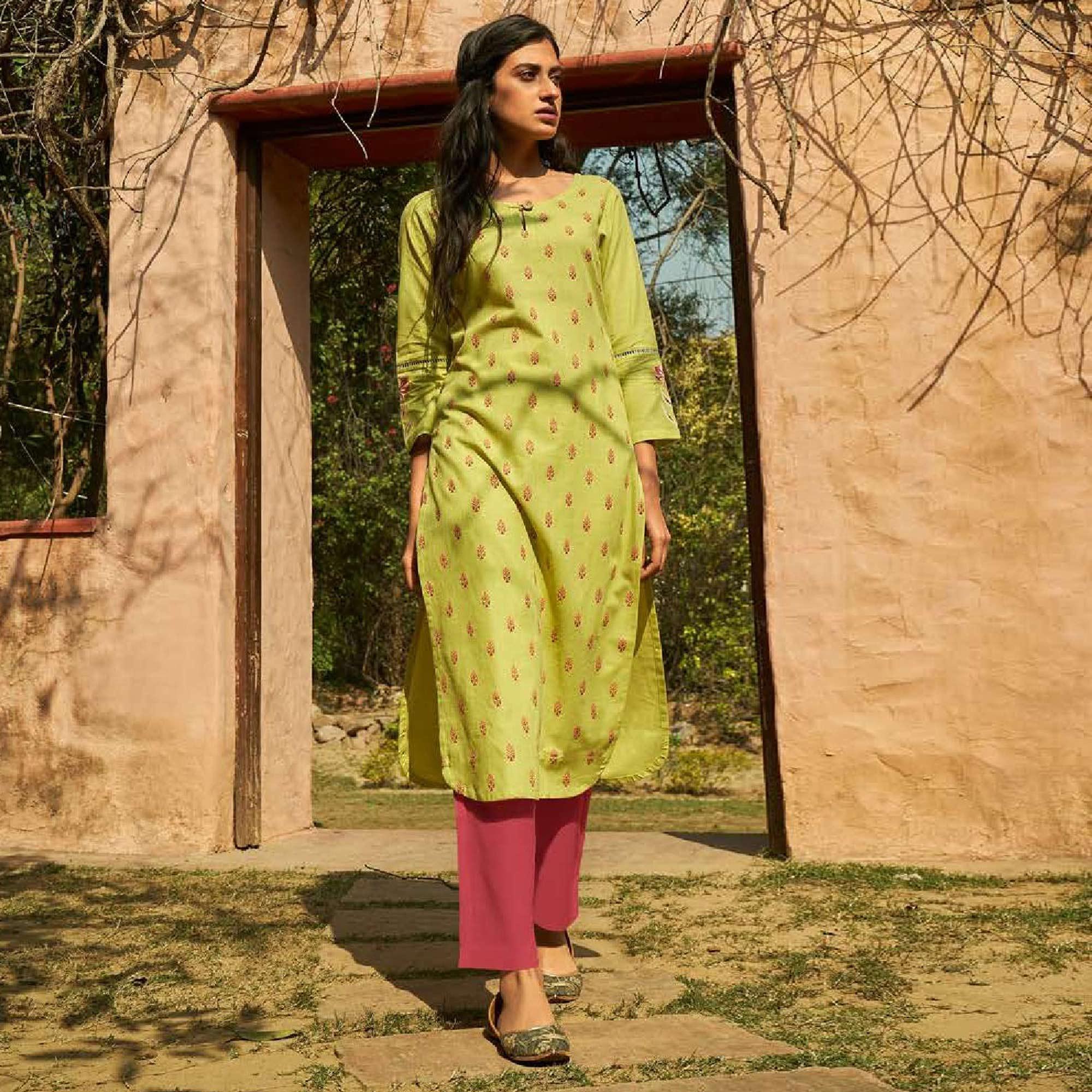 Amazing Green Colored Casual Wear Embroidered Cotton Kurti With Bottom - Peachmode
