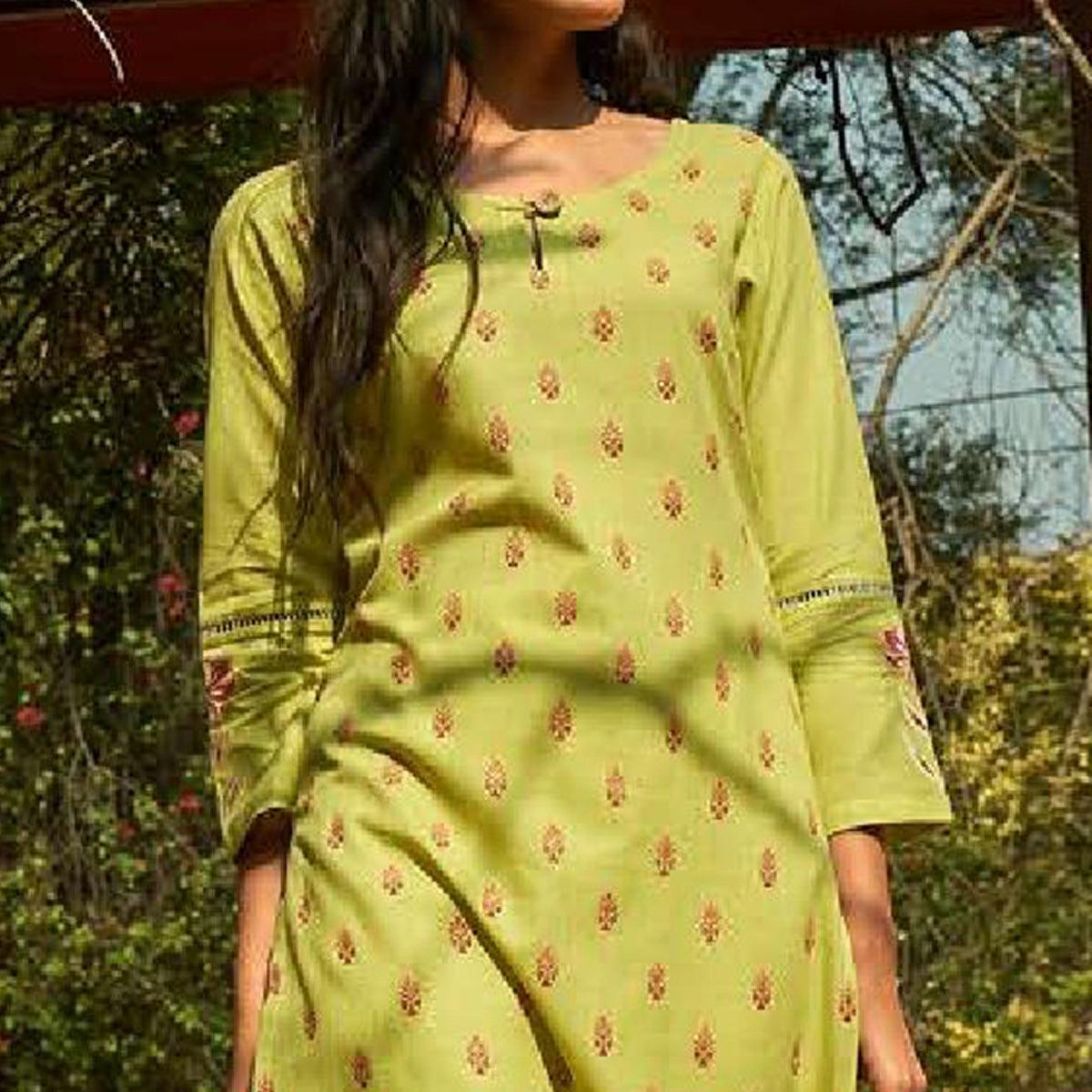 Amazing Green Colored Casual Wear Embroidered Cotton Kurti With Bottom - Peachmode