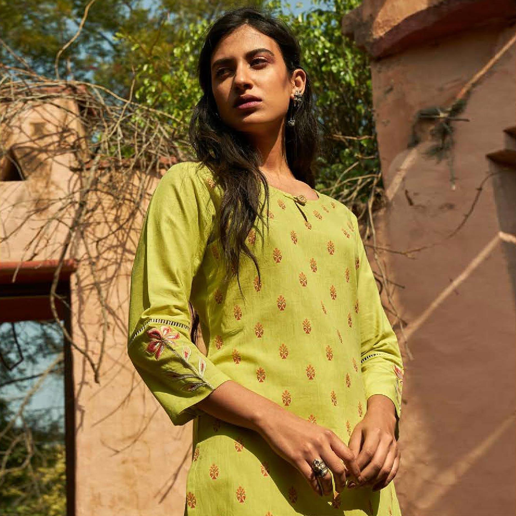 Amazing Green Colored Casual Wear Embroidered Cotton Kurti With Bottom - Peachmode