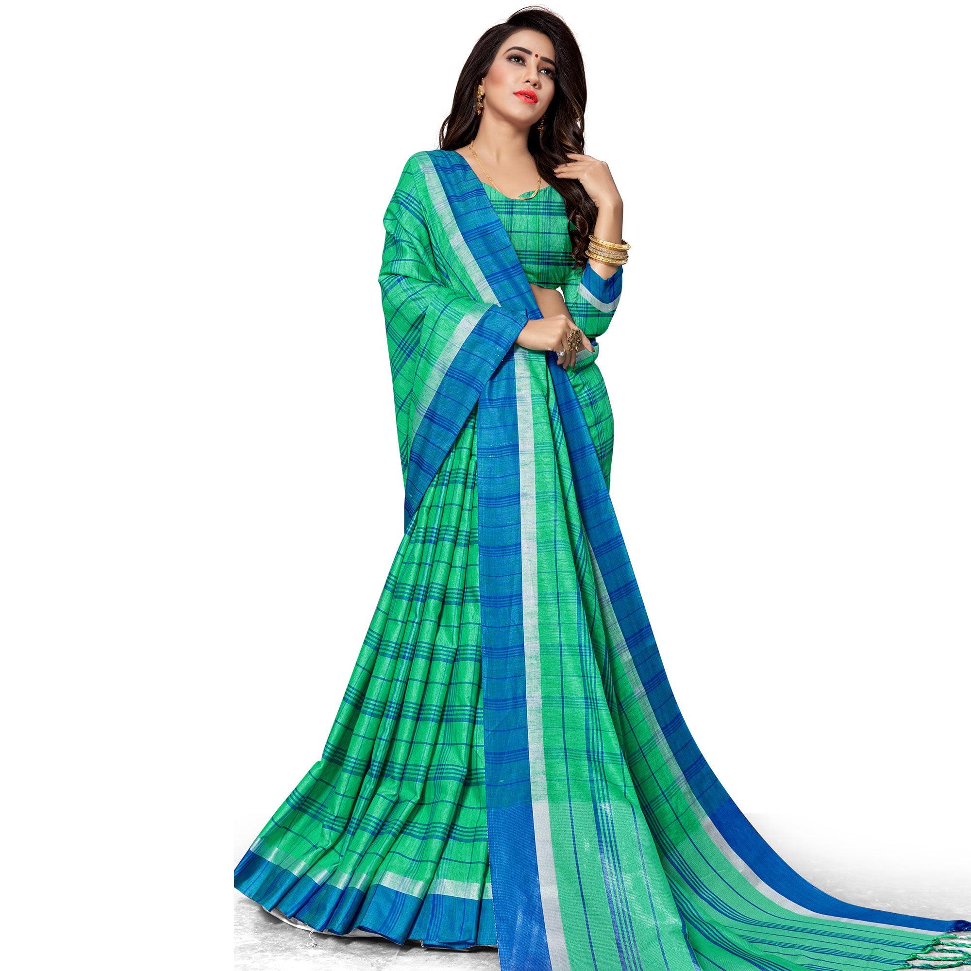 Amazing Green Colored Fesive Wear Stripe Print Cotton Silk Saree With Tassels - Peachmode