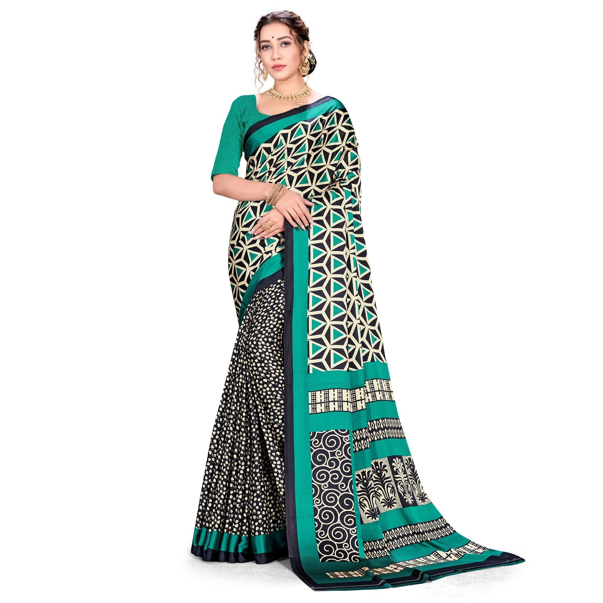 Amazing Green Colored Festive Wear Printed Satin Crepe Saree - Peachmode