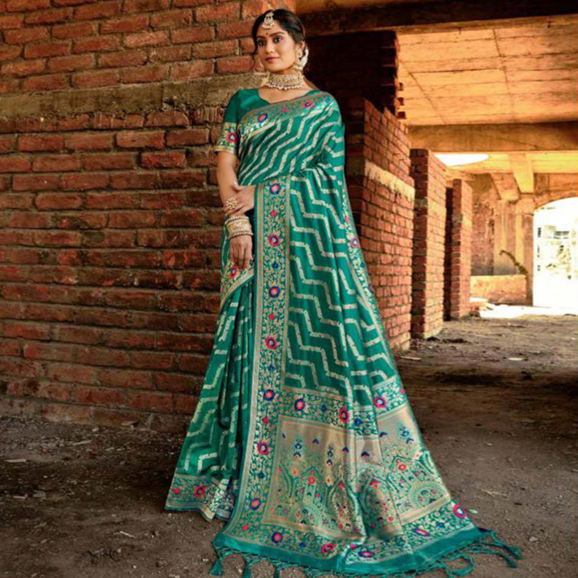 Amazing Green Colored Festive Wear Woven Banarasi Silk Saree - Peachmode