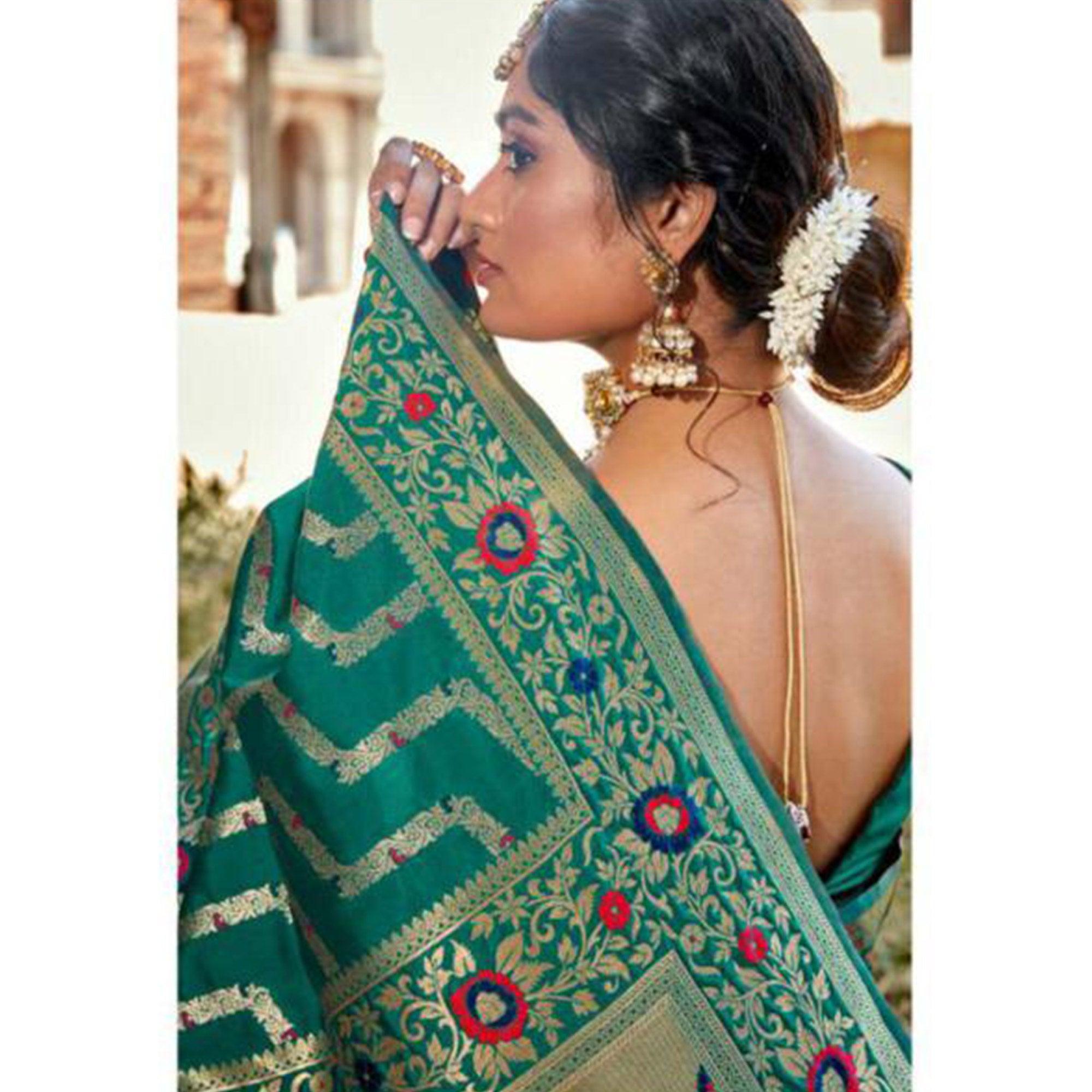 Amazing Green Colored Festive Wear Woven Banarasi Silk Saree - Peachmode