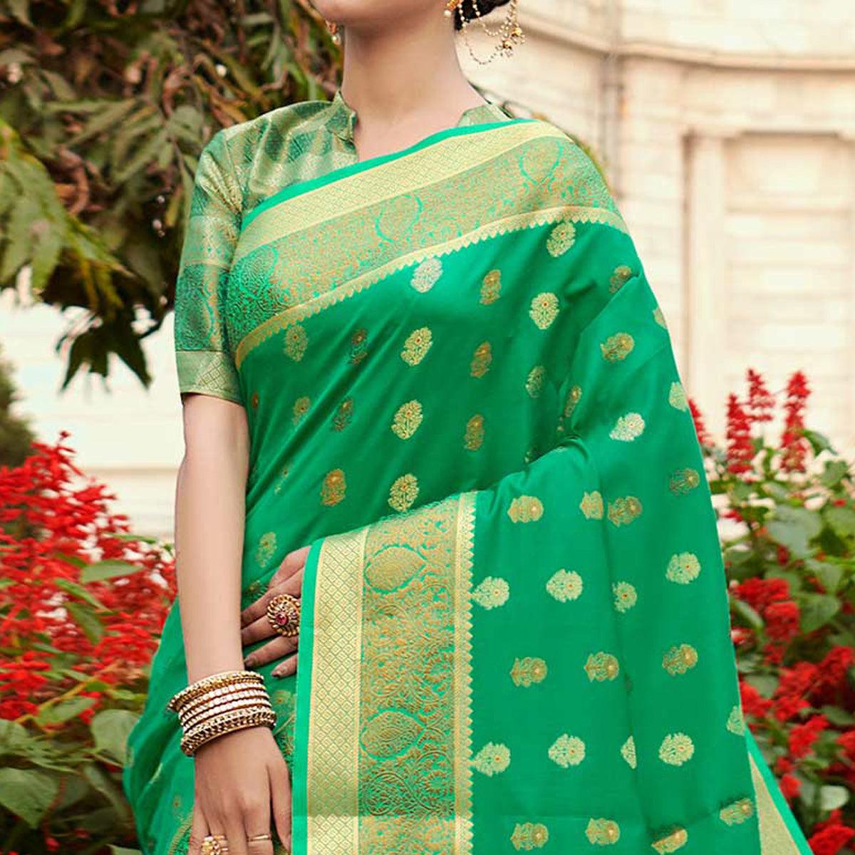 Amazing Green Colored Festive Wear Woven Silk Saree - Peachmode