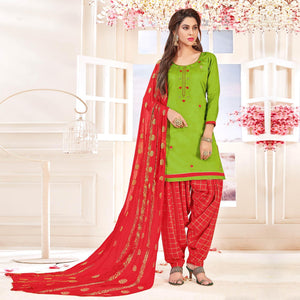 Amazing Green Colored Partywear Embroidered Cotton Dress Material - Peachmode