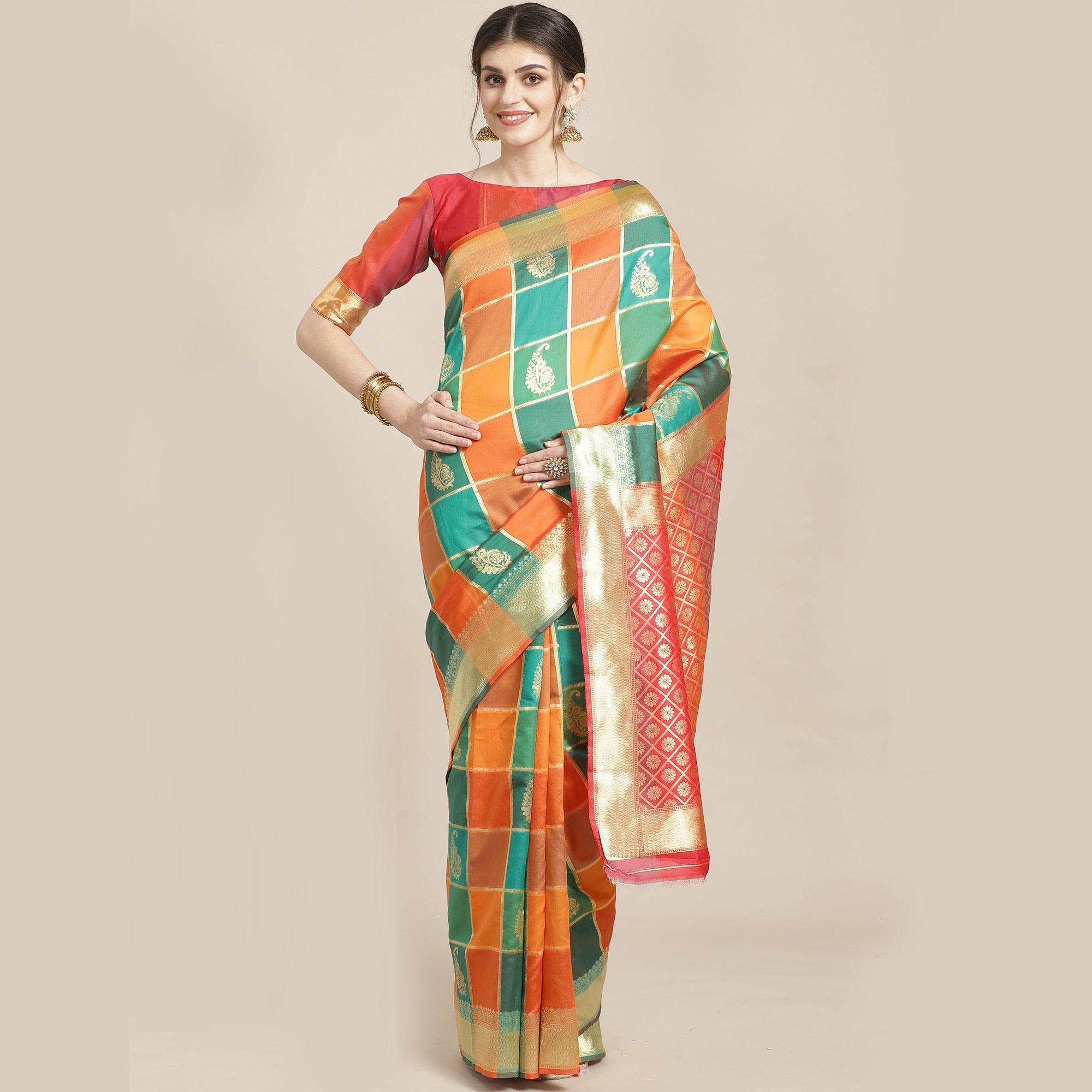 Amazing Green-Yellow Colored Festive Wear Woven Silk Blend Saree - Peachmode