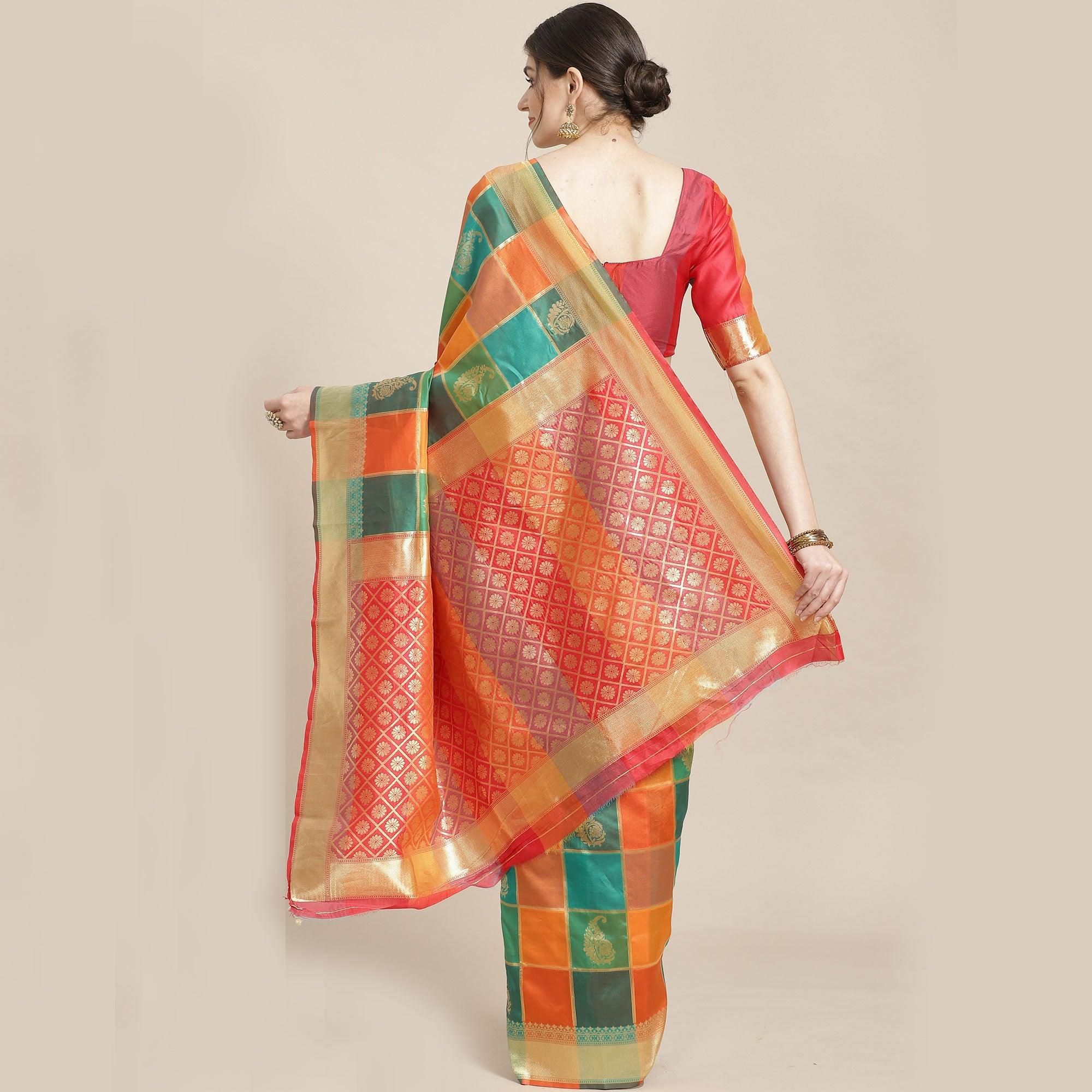 Amazing Green-Yellow Colored Festive Wear Woven Silk Blend Saree - Peachmode