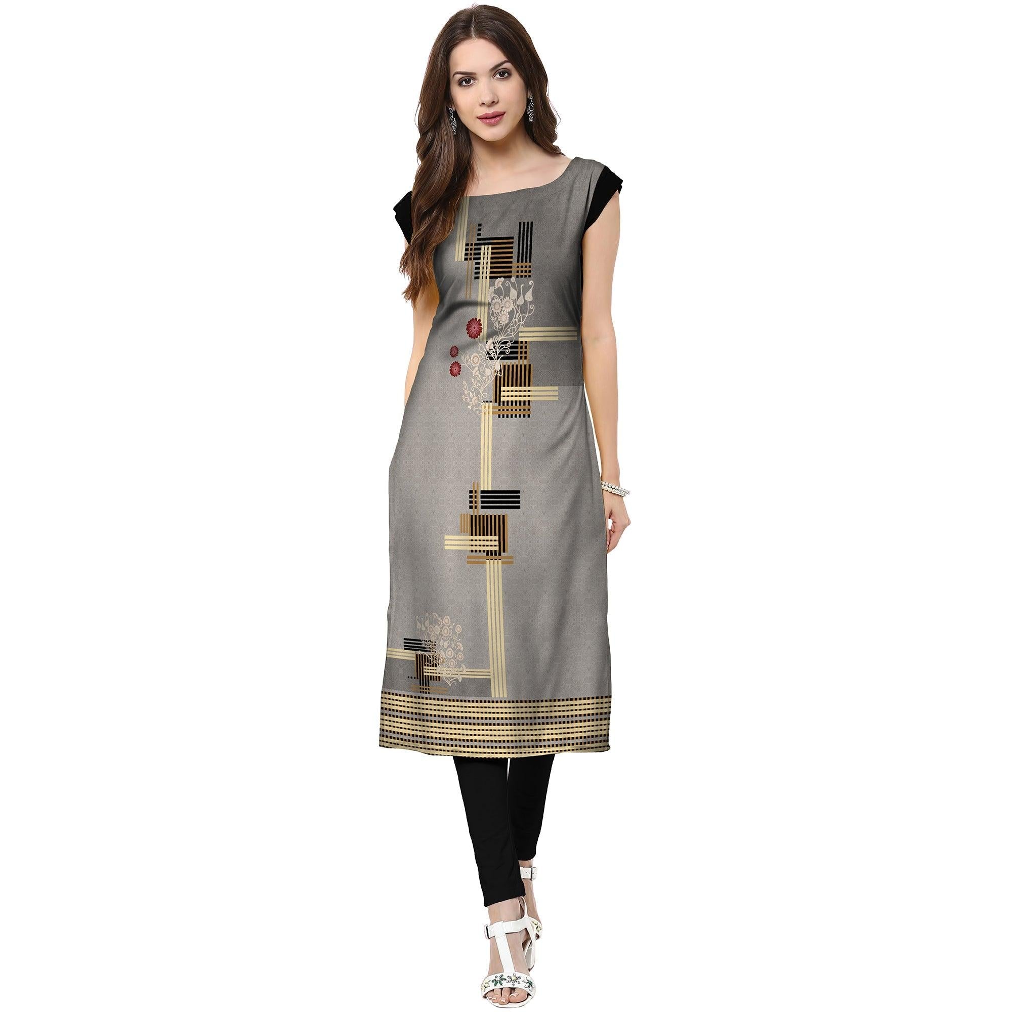 Amazing Grey Colored Casual Printed Crepe Kurti - Peachmode