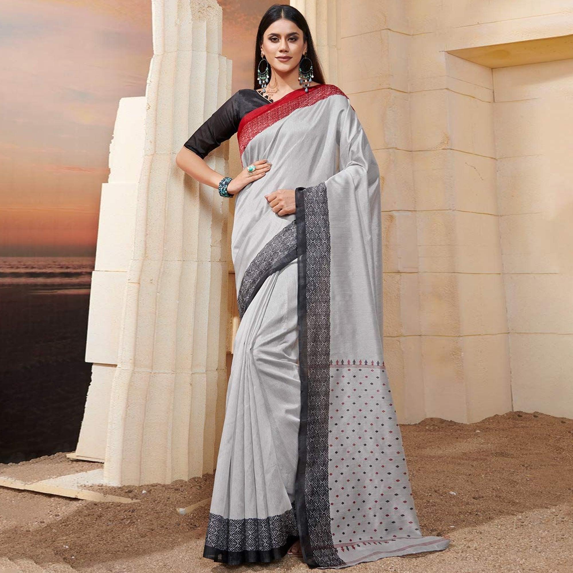 Amazing Grey Colored Casual Wear Printed Bhagalpuri Silk Saree - Peachmode