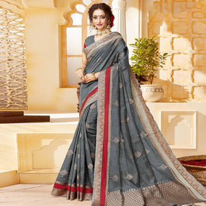 Amazing Grey Colored Festive Wear Woven Cotton Handloom Saree - Peachmode