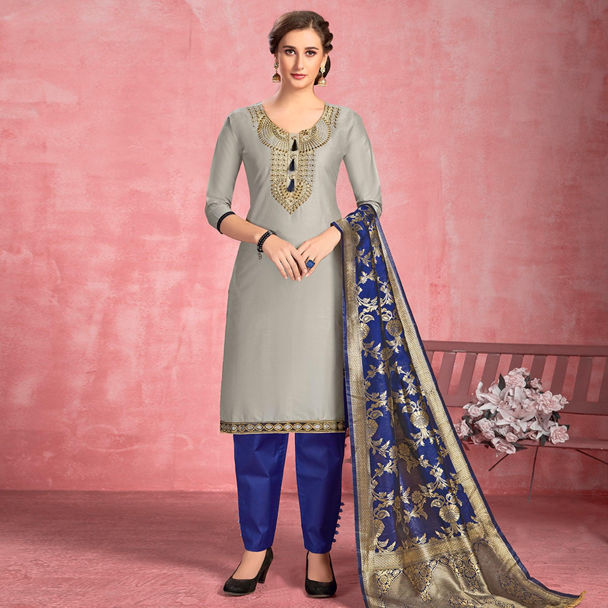 Amazing Grey Colored Partywear Embroidered Pure Cotton Dress Material - Peachmode