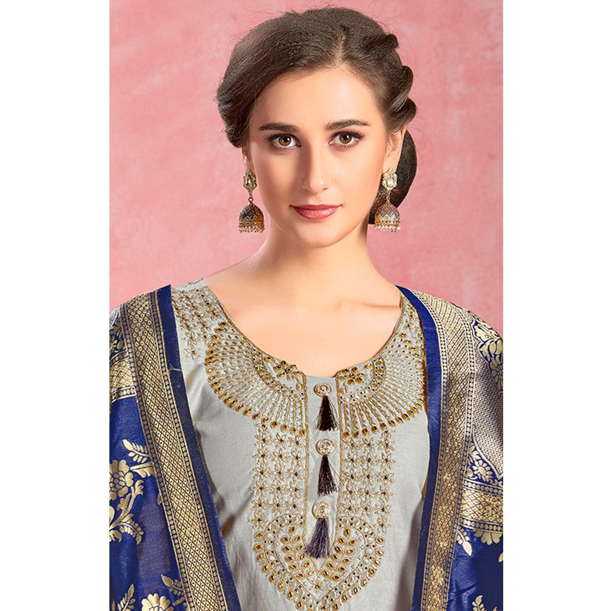 Amazing Grey Colored Partywear Embroidered Pure Cotton Dress Material - Peachmode