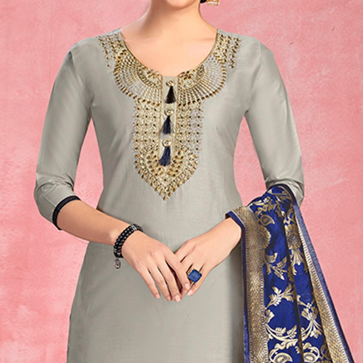 Amazing Grey Colored Partywear Embroidered Pure Cotton Dress Material - Peachmode