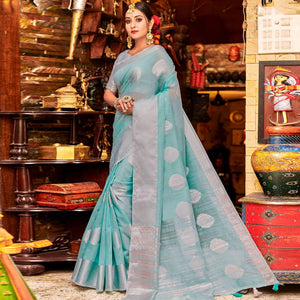 Amazing Light Blue Colored Festive Wear Woven Linen Sareee - Peachmode