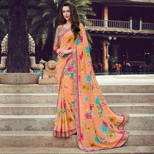 Amazing Light Orange Colored Partywear Designer Printed Georgette Saree - Peachmode
