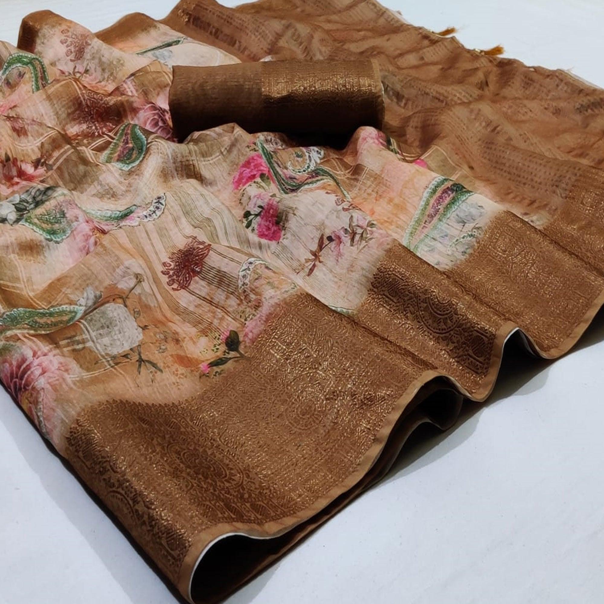 Amazing Light Peach Colored Festive Wear Woven Banarasi Silk Saree - Peachmode