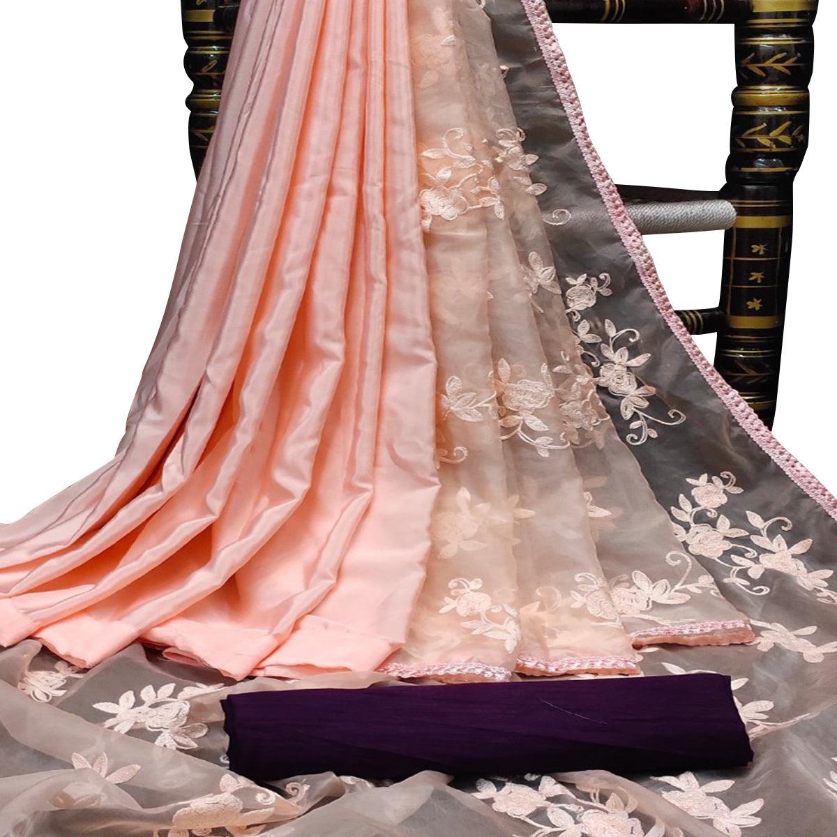 Amazing Light Peach Colored Partywear Embroidered Organza Saree - Peachmode