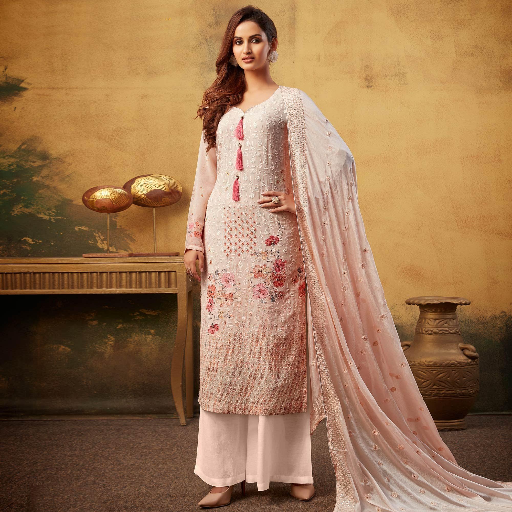 Amazing Light Pink Colored Embroidered With Digital Printed Partywear Viscose Bemberg Georgette Palazzo Suit - Peachmode