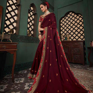 Amazing Maroon Colored Festive Wear Embroidered Heavy Border Silk Saree - Peachmode