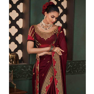 Amazing Maroon Colored Festive Wear Embroidered Heavy Border Silk Saree - Peachmode