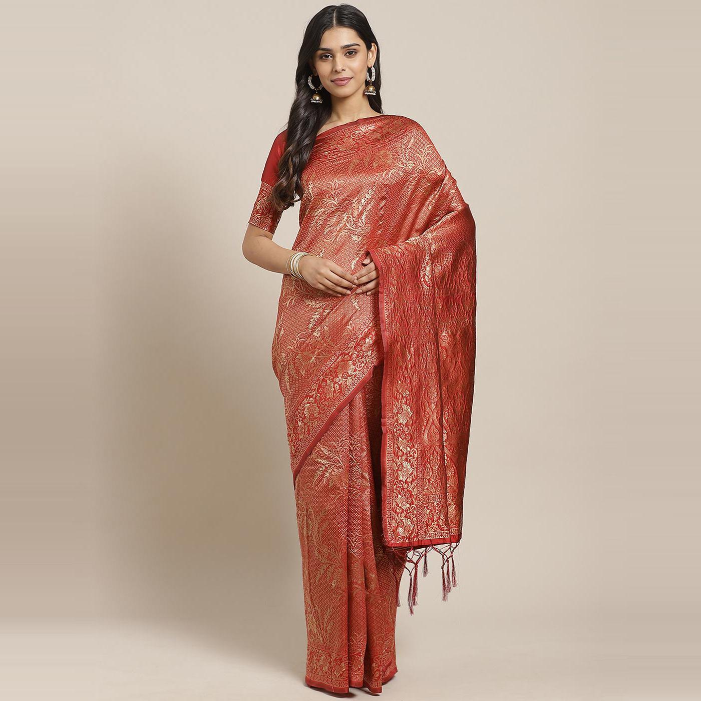 Amazing Maroon Colored Festive Wear Woven Silk Blend Saree - Peachmode