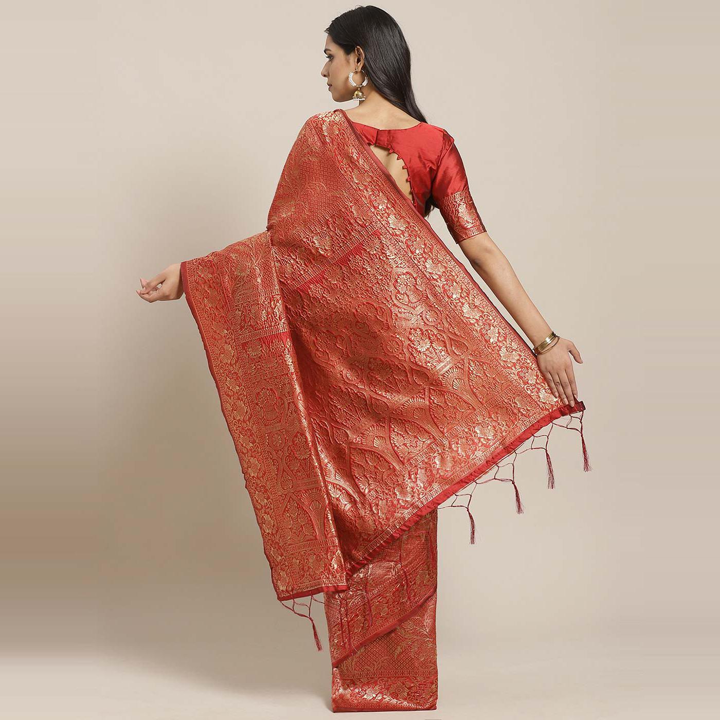 Amazing Maroon Colored Festive Wear Woven Silk Blend Saree - Peachmode