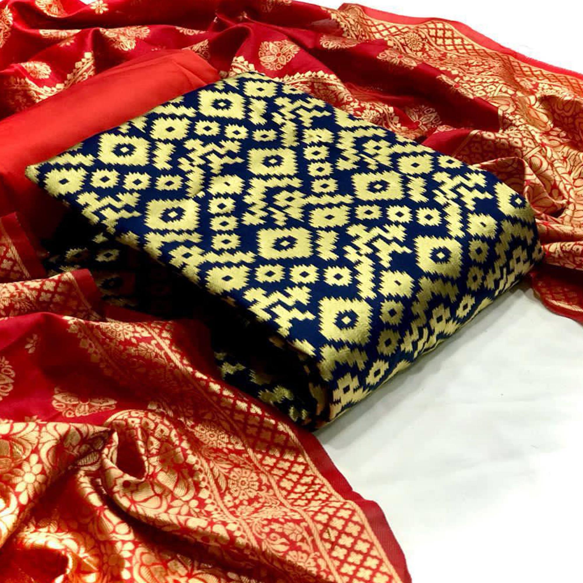 Amazing Navy Blue Colored Casual Wear Banarasi Silk Dress Material - Peachmode
